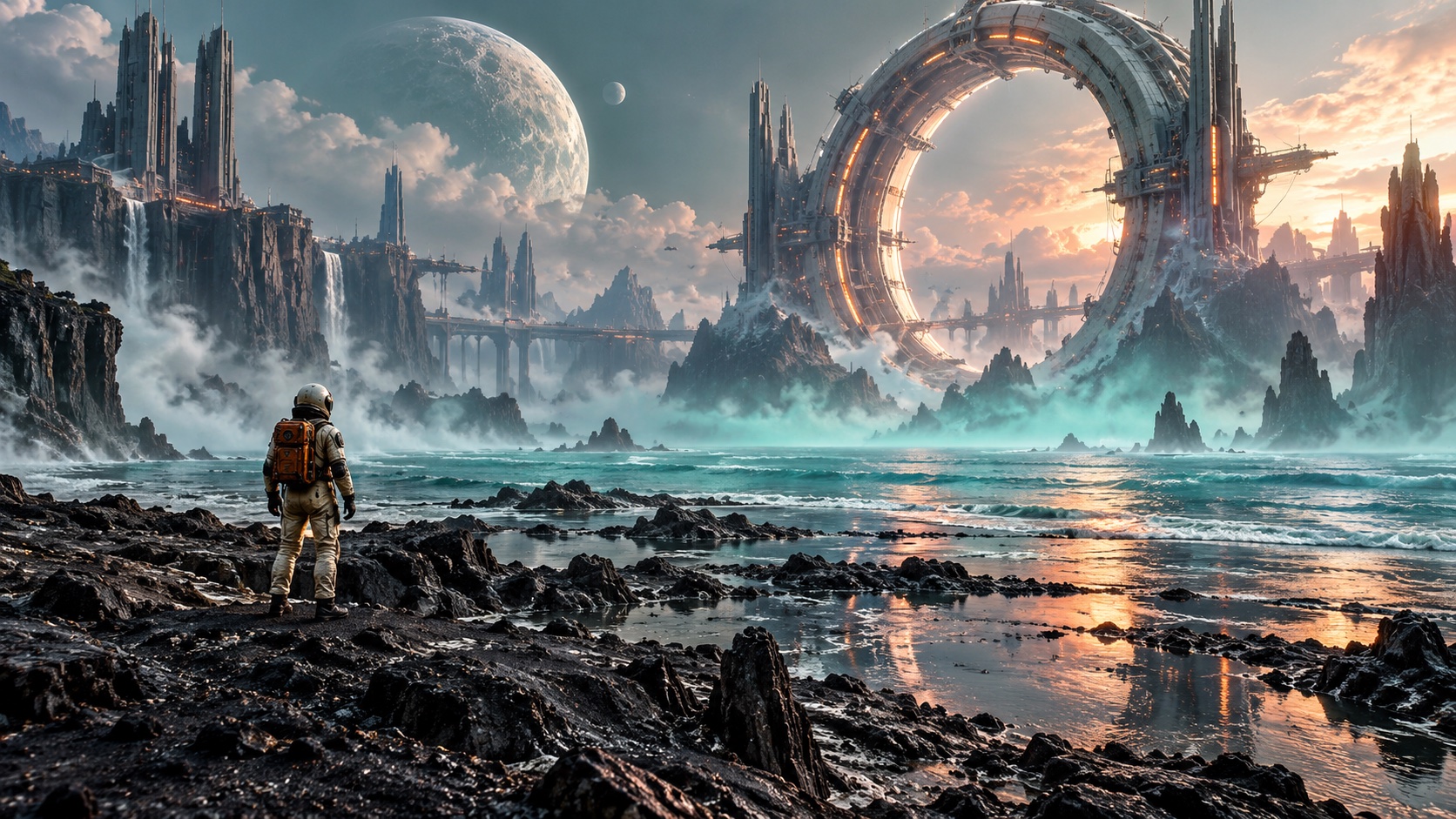 An astronaut discovers a vast ring station over an alien ocean